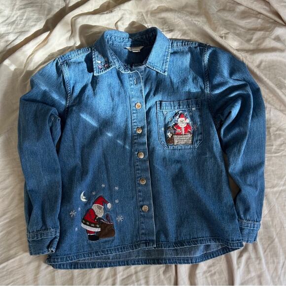Vintage Christmas Santa Denim Button Down - Picture 1 of 7
